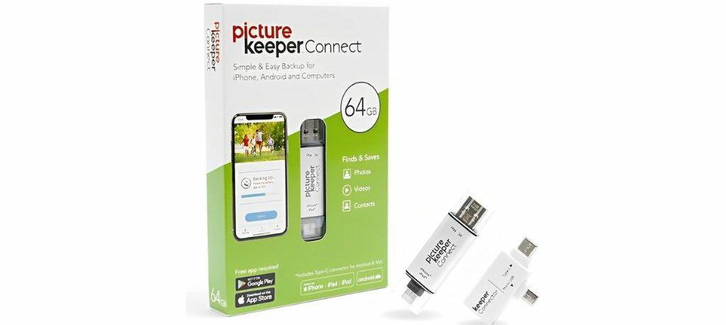 Picture Keeper Connect 64GB backup drive for iPhone, Android, and computers, with USB and Type-C connectors.