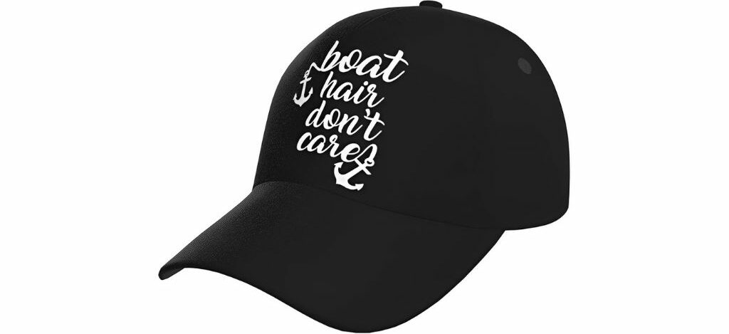 Black cap with 'Boat Hair Don't Care' text and anchor design.