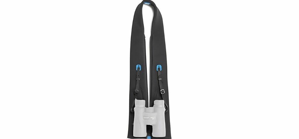 Innovative binocular strap with adjustable design and black neoprene material.