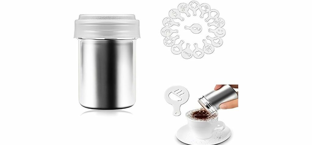 Coffee stencil set with a metal shaker and multiple stencil designs for creating patterns on drinks.