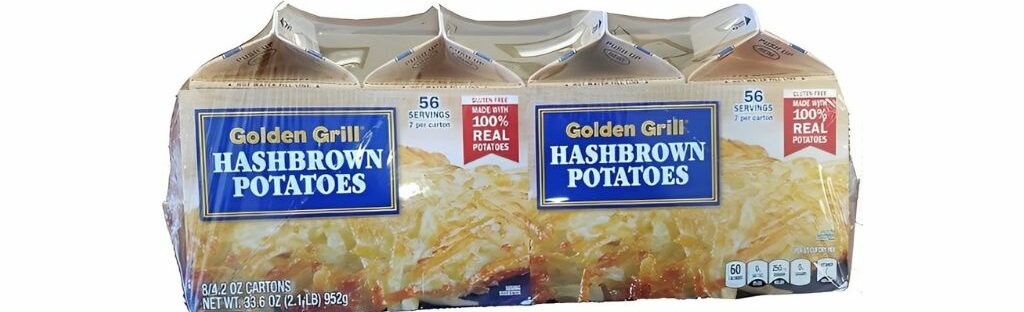 Golden Grill Hashbrown Potatoes packaging with 8 cartons, 56 servings, made with 100% real potatoes.