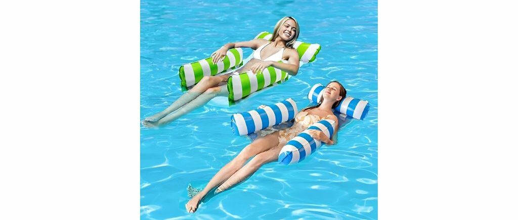 Two women relaxing on inflatable pool floats with striped designs in green and blue.