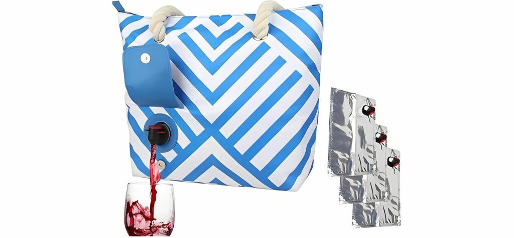 Blue and white striped wine purse with a built-in wine dispenser and multiple refillable bags.