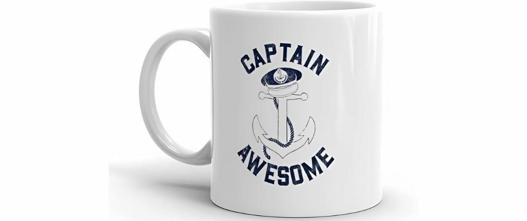 White ceramic mug with 'Captain Awesome' text and anchor design.