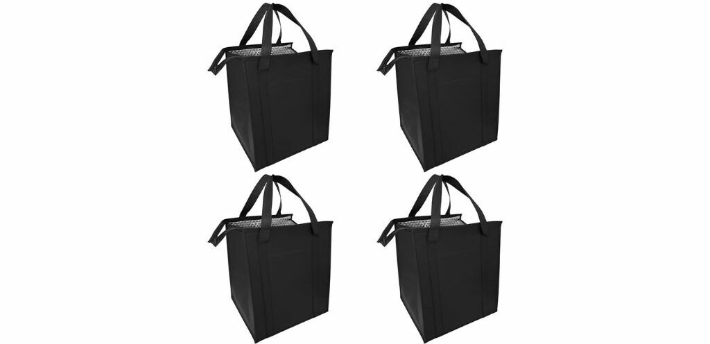 Set of black reusable grocery bags.