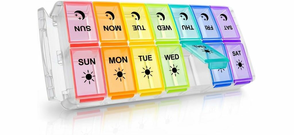 Colorful weekly pill organizer