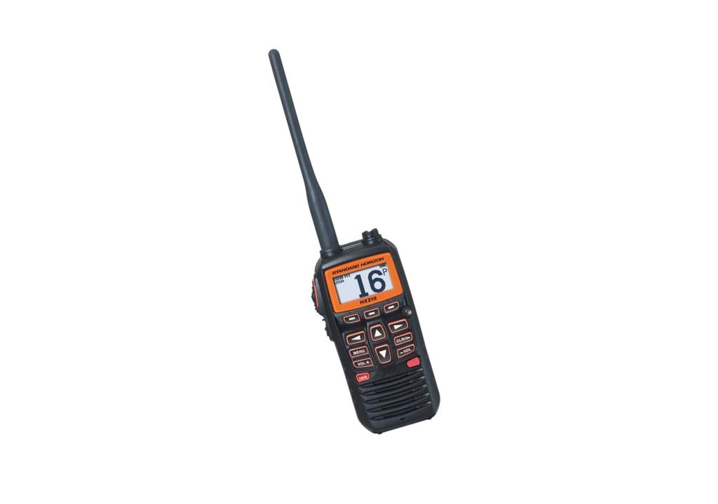 a black walkie talkie VHF with a long antenna