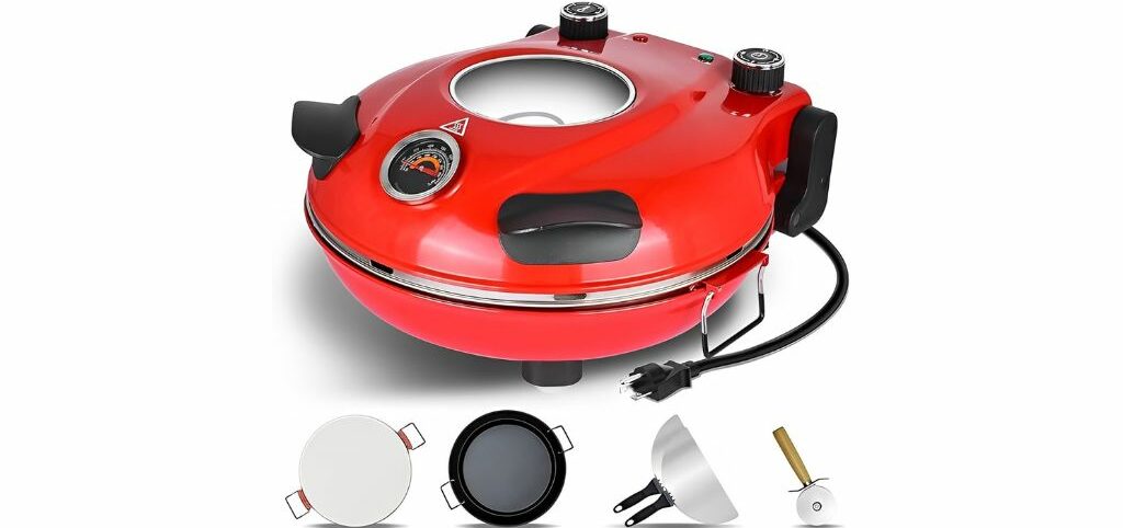 Red compact pizza oven with adjustable temperature and included accessories like a pizza pan, spatula, and cutter.