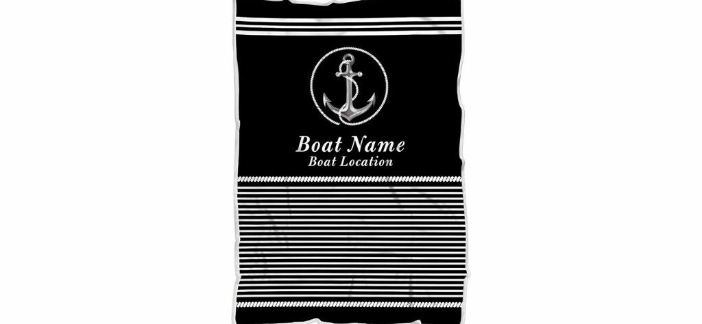 Custom boat blanket with anchor design and space for personalized boat name and location.