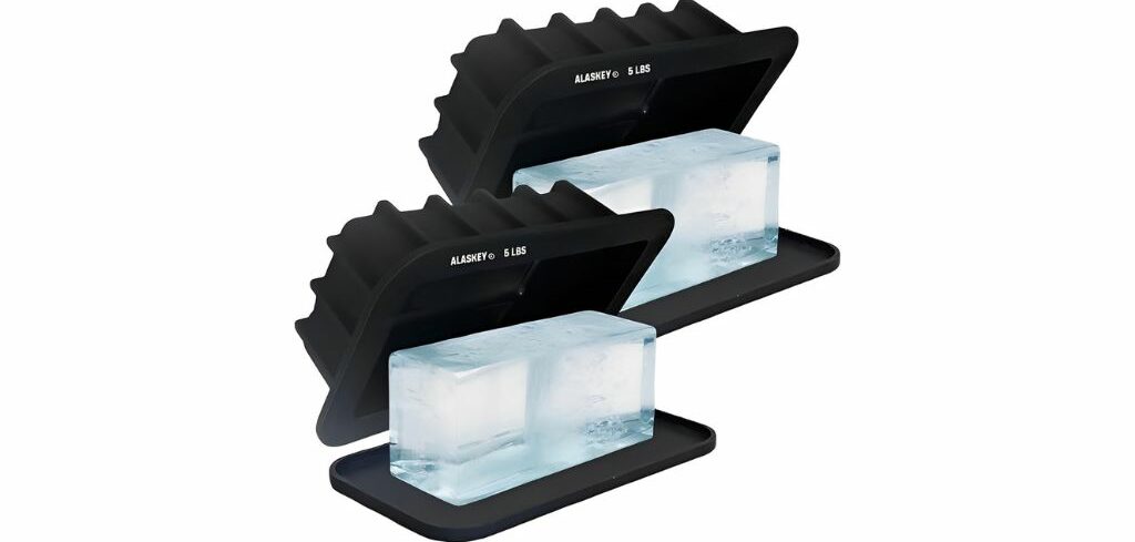 Two 5-pound ice block molds with black silicone frames, designed for creating clear rectangular ice blocks.