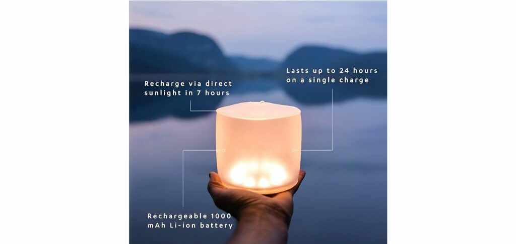 Hand holding an inflatable solar lantern, recharges via sunlight, lasts up to 24 hours, 1000 mAh battery.