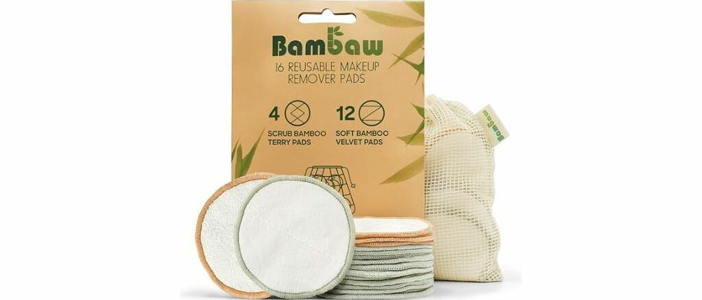 Reusable makeup pads by Bambaw, featuring a set of 16 pads, including 4 bamboo terry scrub pads and 12 soft bamboo velvet pads, with a cotton laundry bag.
