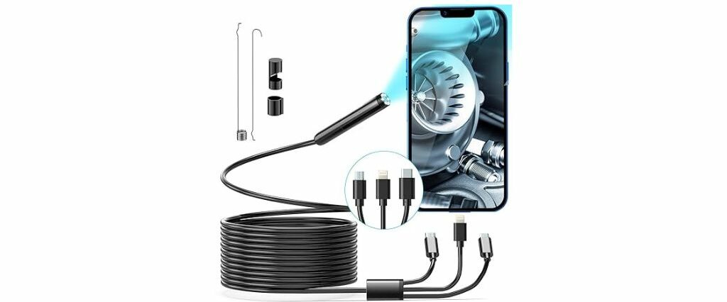 Wireless endoscope camera connected to a smartphone, featuring multiple adapters and a long cable.