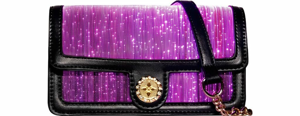 Stylish LED Illuminated Party Evening Clutch bag with a purple light-up front panel, black leather accents, and a gold decorative clasp with a chain strap.