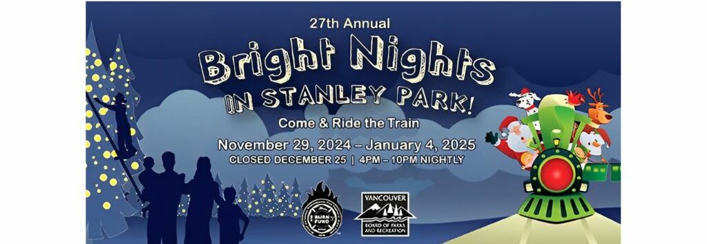 Bright Nights in Stanley Park poster with holiday train and trees.