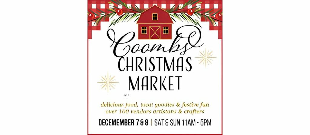 Coombs Christmas Market promotional poster featuring festive decorations.