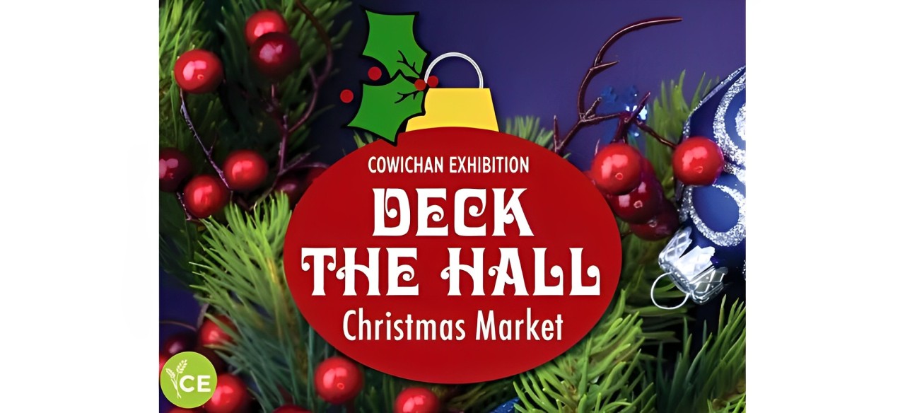 Deck the Hall Christmas Market sign with festive holiday decorations.