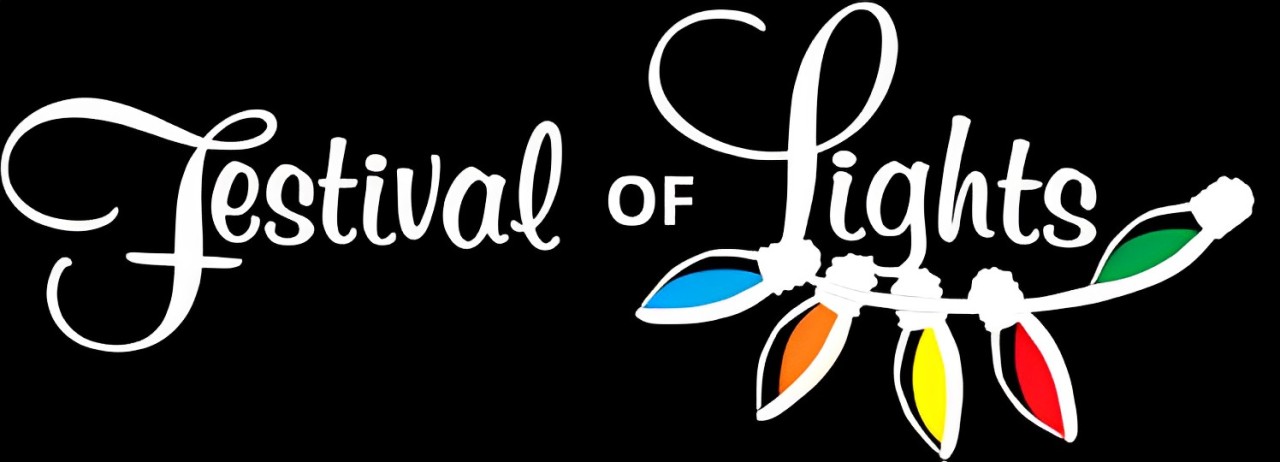 Festival of Lights logo with colorful holiday lights decoration.