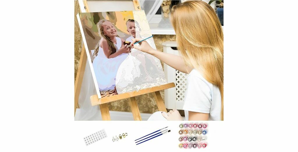 Personalized paint-by-number kit with a woman painting a portrait on a canvas.