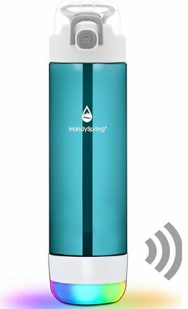 Smart water bottle with Bluetooth speaker, LED light base, and modern teal design for hydration tracking.