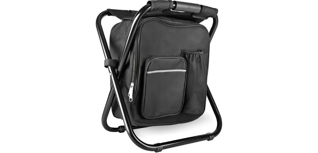 Portable black backpack cooler chair with built-in storage pockets and a lightweight metal frame.