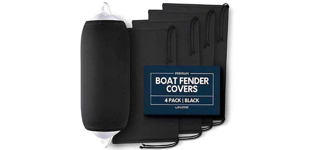 "Premium boat fender covers, 4-pack in black, designed to protect boat fenders and prevent scratches on boat surfaces.
