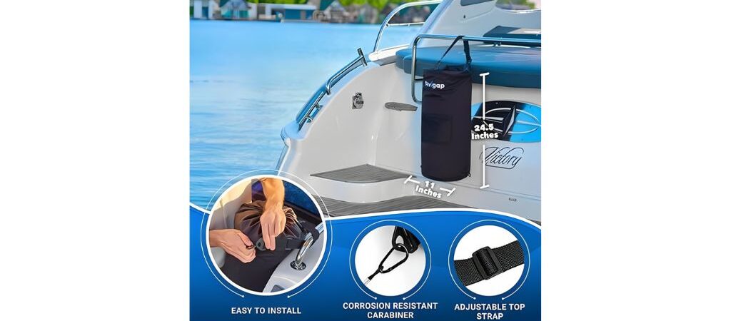 Waterproof boat trash can with adjustable straps, corrosion-resistant carabiner, and easy installation, shown on a yacht with detailed features.