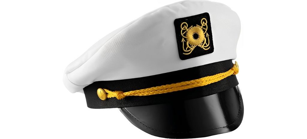 Classic white captain hat with gold embroidery, black visor, and braided rope detail.