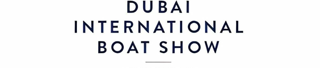 Logo of Dubai International Boat Show with navy blue text and 'Dubai Harbour' below.