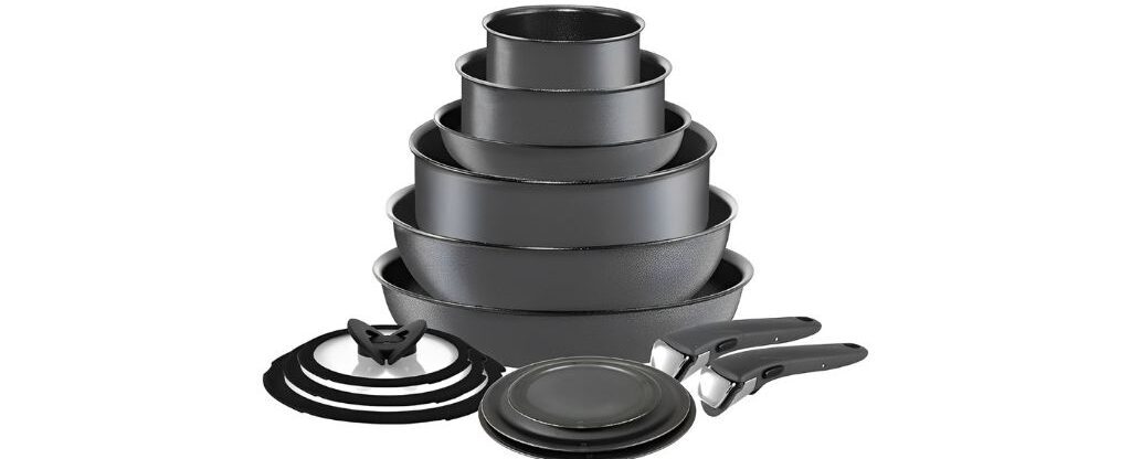 Set of induction stacking pots and pans with detachable handles.