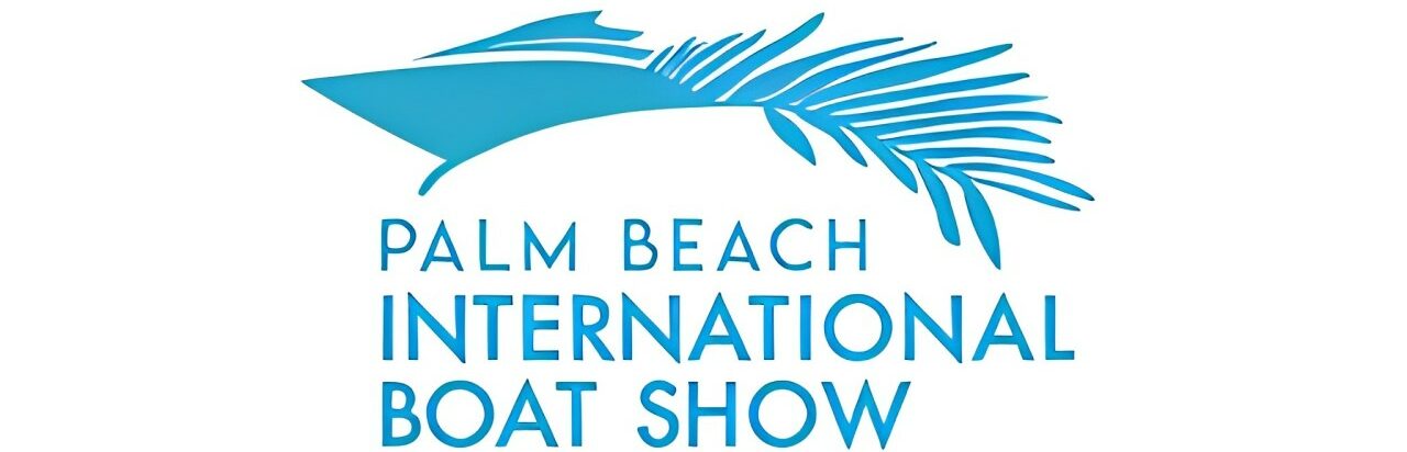 Logo of the Palm Beach International Boat Show with a palm frond design in blue.