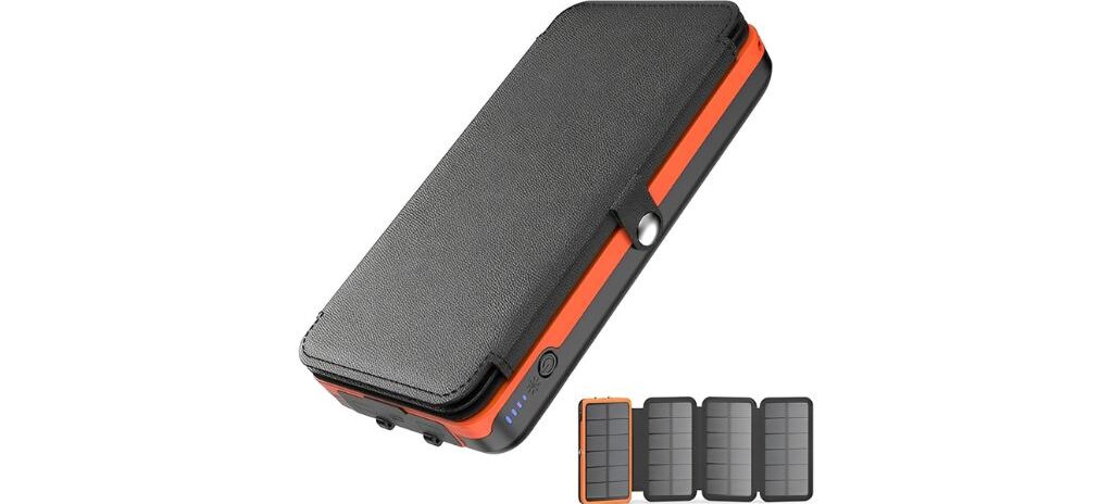Compact solar charger power bank with four foldable panels and an orange-accented design, suitable for outdoor use.
