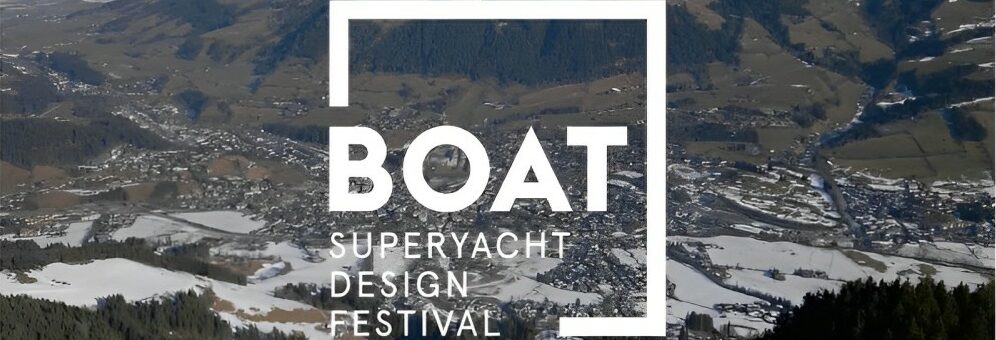 BOAT Superyacht Design Festival logo over a scenic snowy mountain valley.