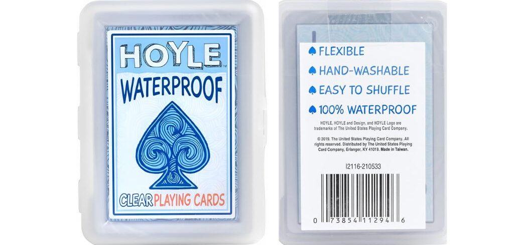 Hoyle Waterproof Playing Cards in a clear plastic case, featuring flexible, hand-washable, easy-to-shuffle, and 100% waterproof qualities.
