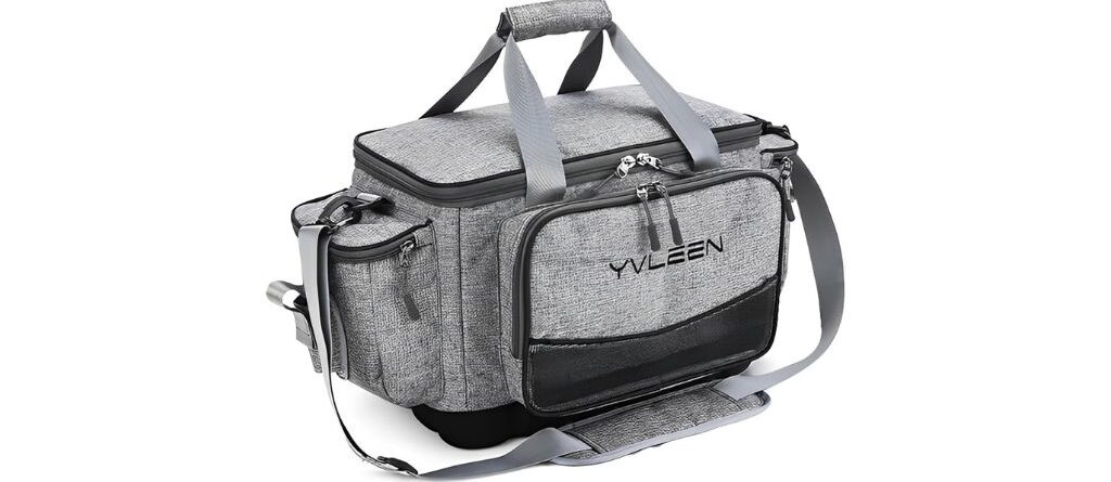 YVLEEN fishing tackle box bag in gray fabric with multiple compartments, zippers, and adjustable straps.