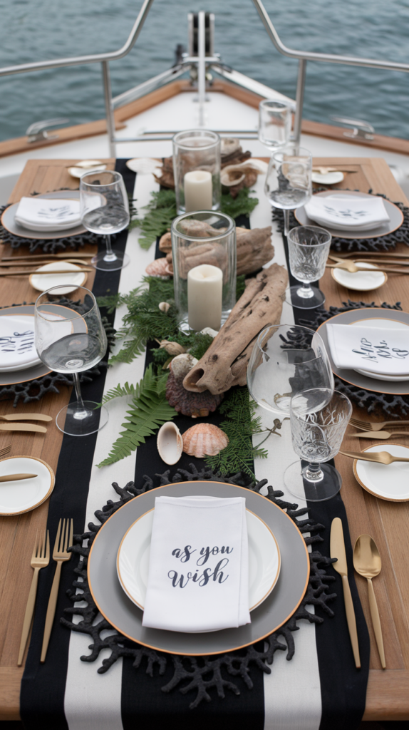 an elegant table with plates and glasses on a yacht
