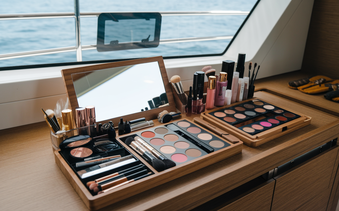 a picture of organized make up on a yacht