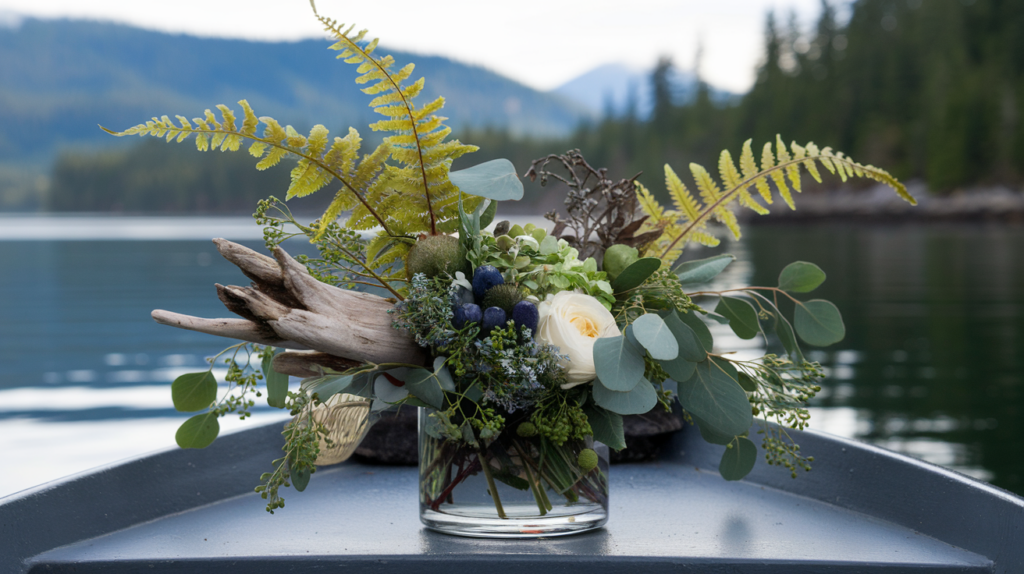 a glass vase with flowers and plants in it on a boat