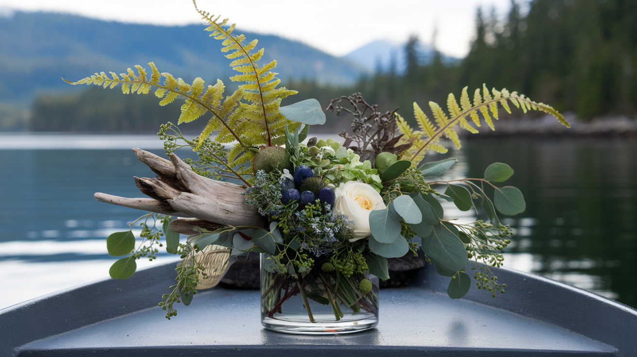 a glass vase with flowers and plants in it on a boat