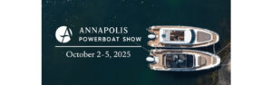 Annapolis Powerboat Show 2025 logo with luxury powerboats docked, event dates October 2-5 at City Dock Annapolis MD.