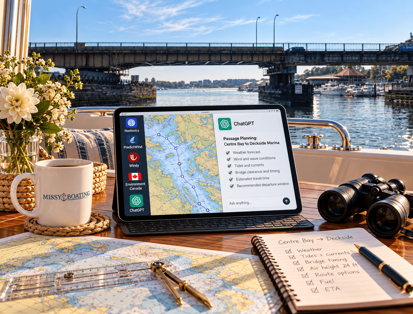 Boat trip planning setup with ChatGPT, navigation charts and weather tools, with the Middle Arm swing bridge in the background.