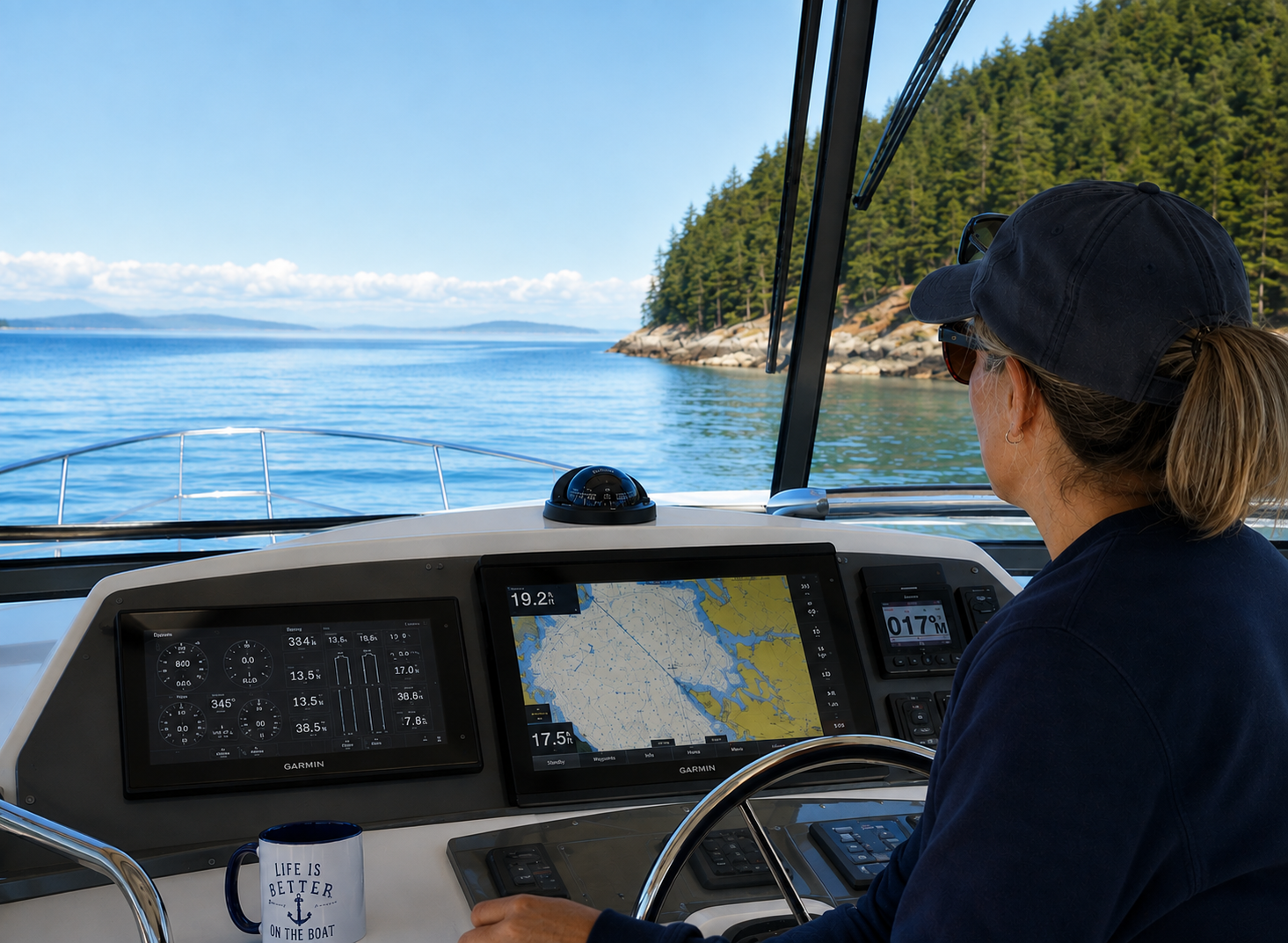 Woman steering boat on calm waters