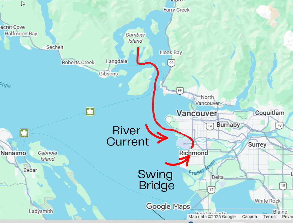 A chart of a boat trip from Gambier Island to Deckside Marina in the Fraser River