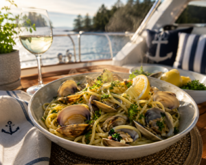Pasta with clams and lemon garnish