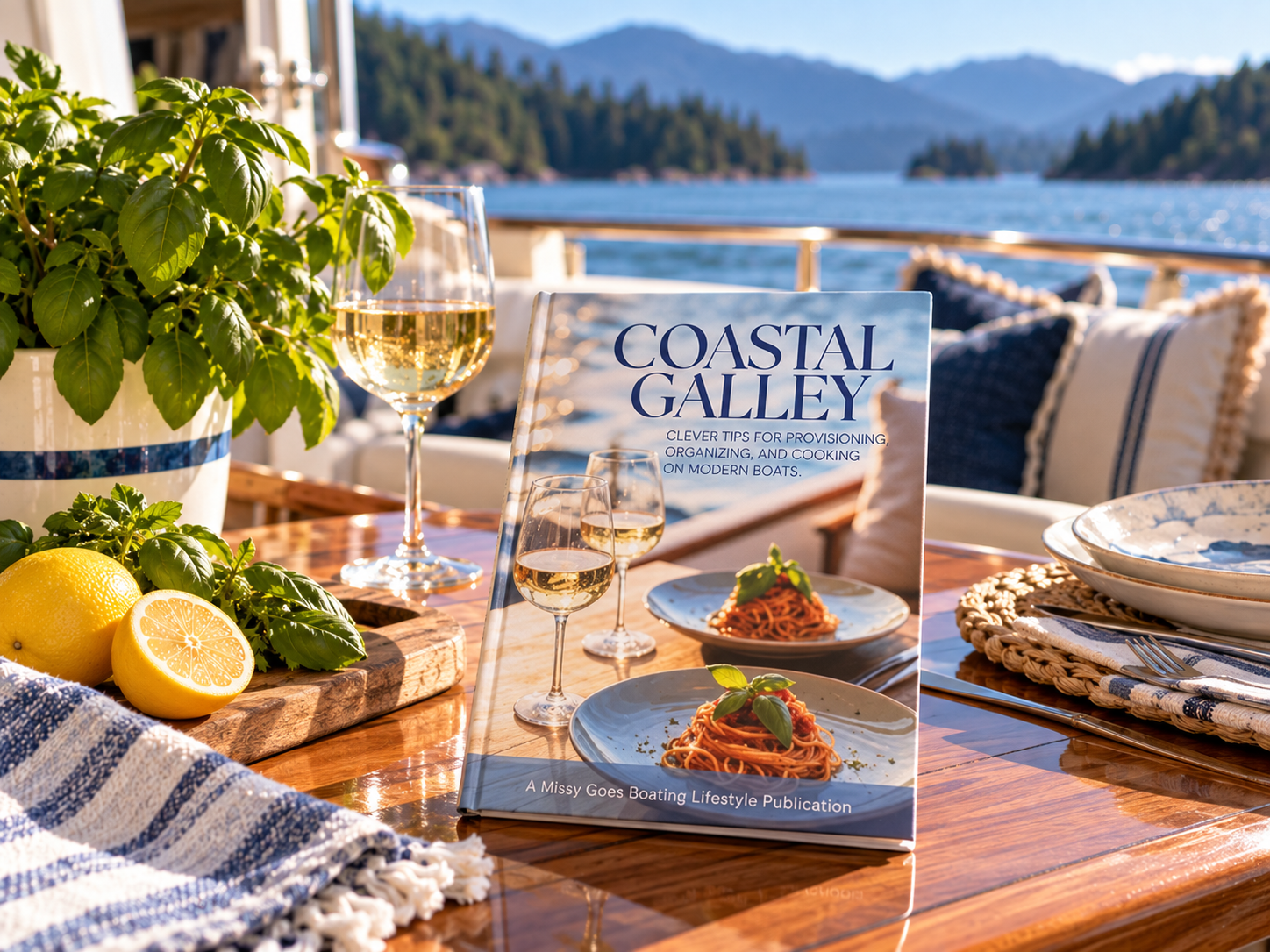 Coastal Galley book displayed on the aft deck of a powerboat overlooking the Pacific Northwest coast.