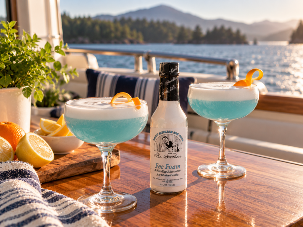 Fee Brothers Fee Foam with foamy cocktails on the aft deck of a powerboat in the Pacific Northwest