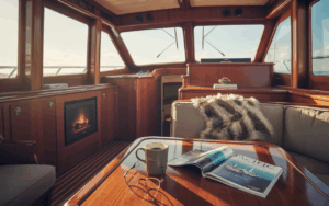 Warm interior of a boat with fireplace and magazine