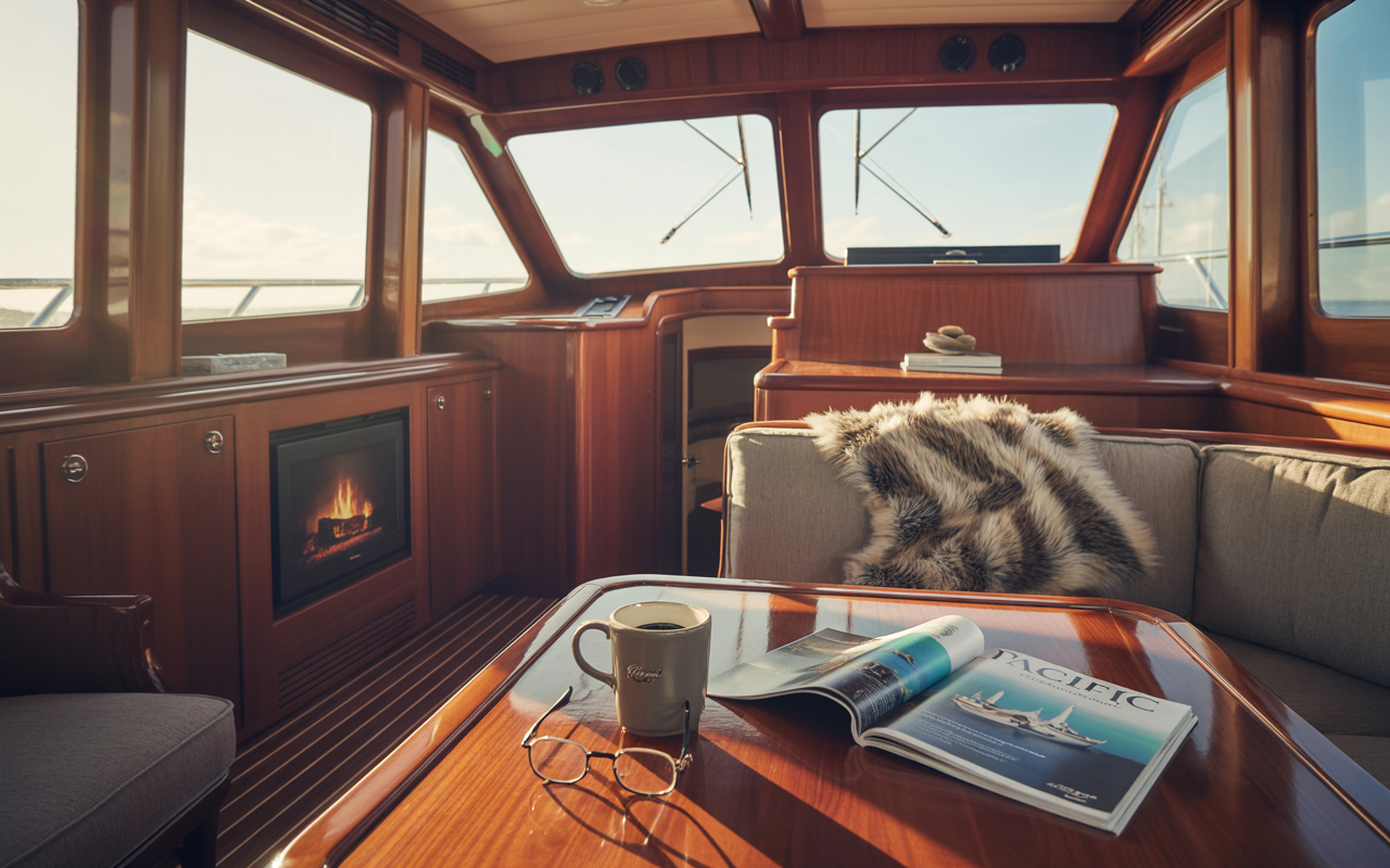 Warm interior of a boat with fireplace and magazine
