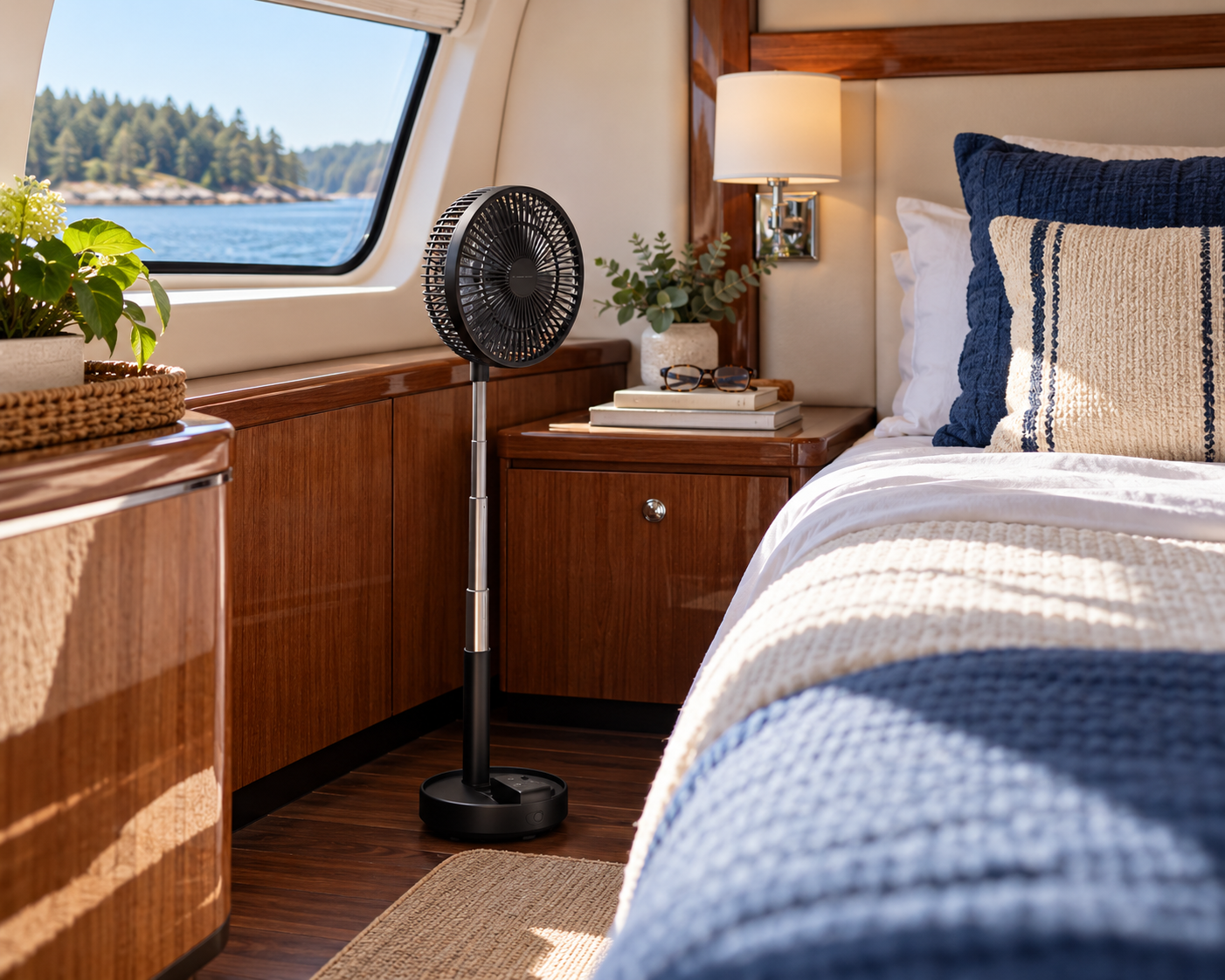 Rechargeable portable telescoping fan for use in a boat stateroom.