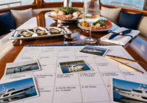 a boat calender of events on a table with photos